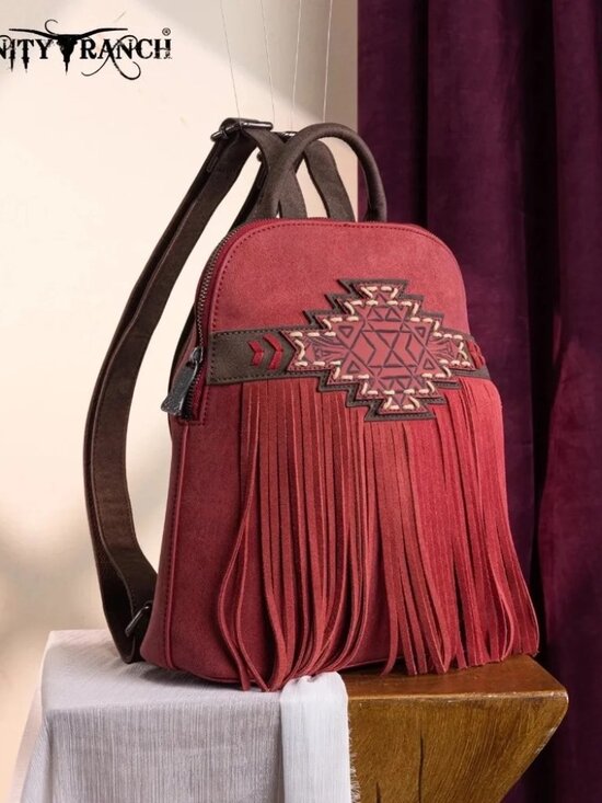 Trinity Ranch Aztec Tooled Fringe Concealed Carry Backpack Burgundy